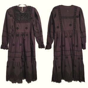 Free People Lavender Midi Dress Black crochet eyelet lace Cotton Prairie Boho